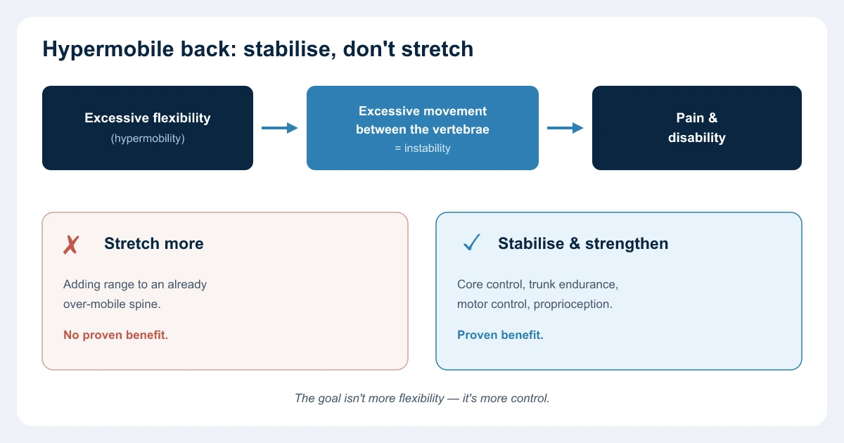 Hypermobile back: excessive movement between the vertebrae creates instability and pain; management aims to stabilise and strengthen rather than stretch — osteopath Paris 16